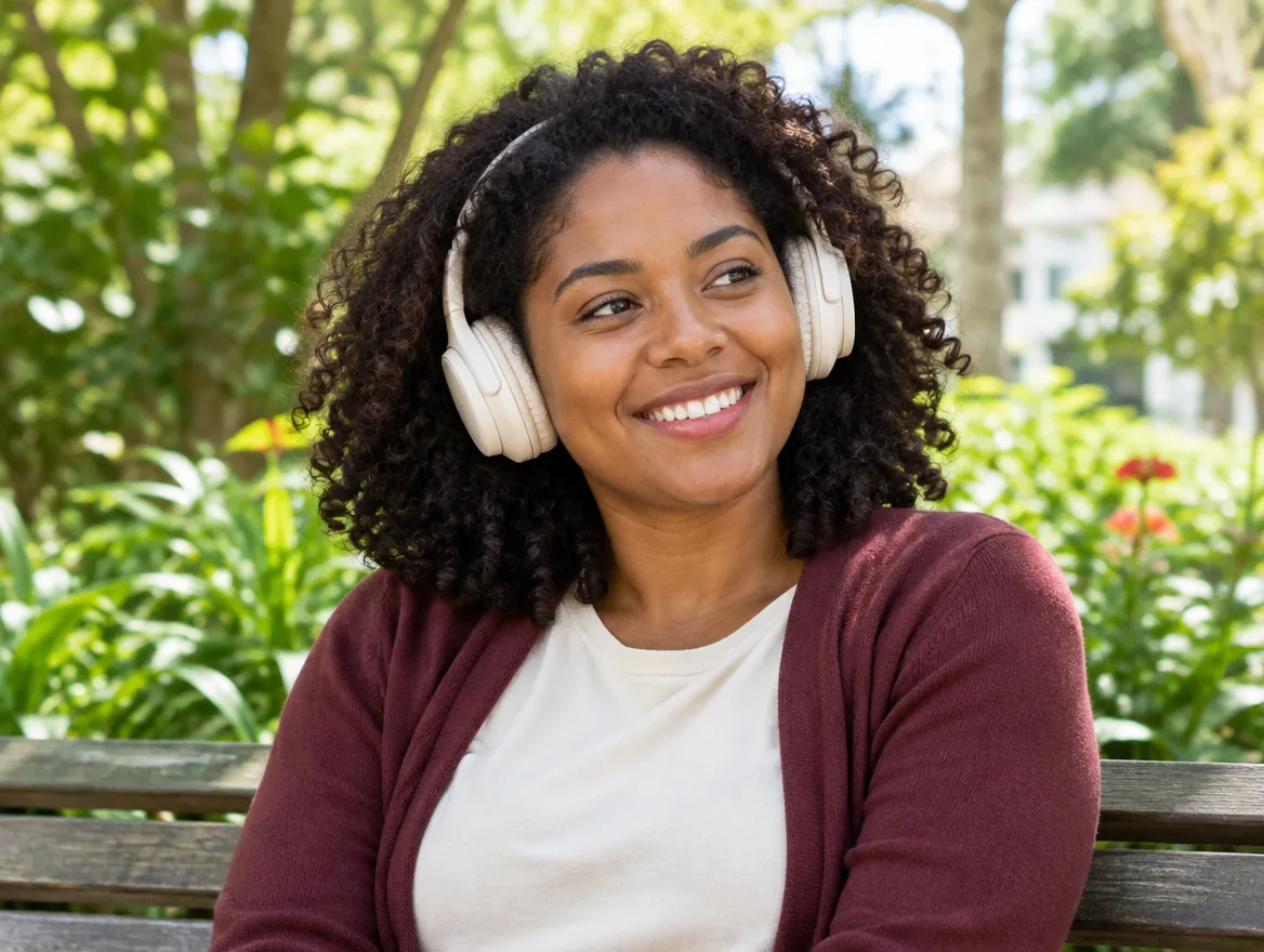 Mulher sorrindo com fones de ouvido em um jardim ensolarado